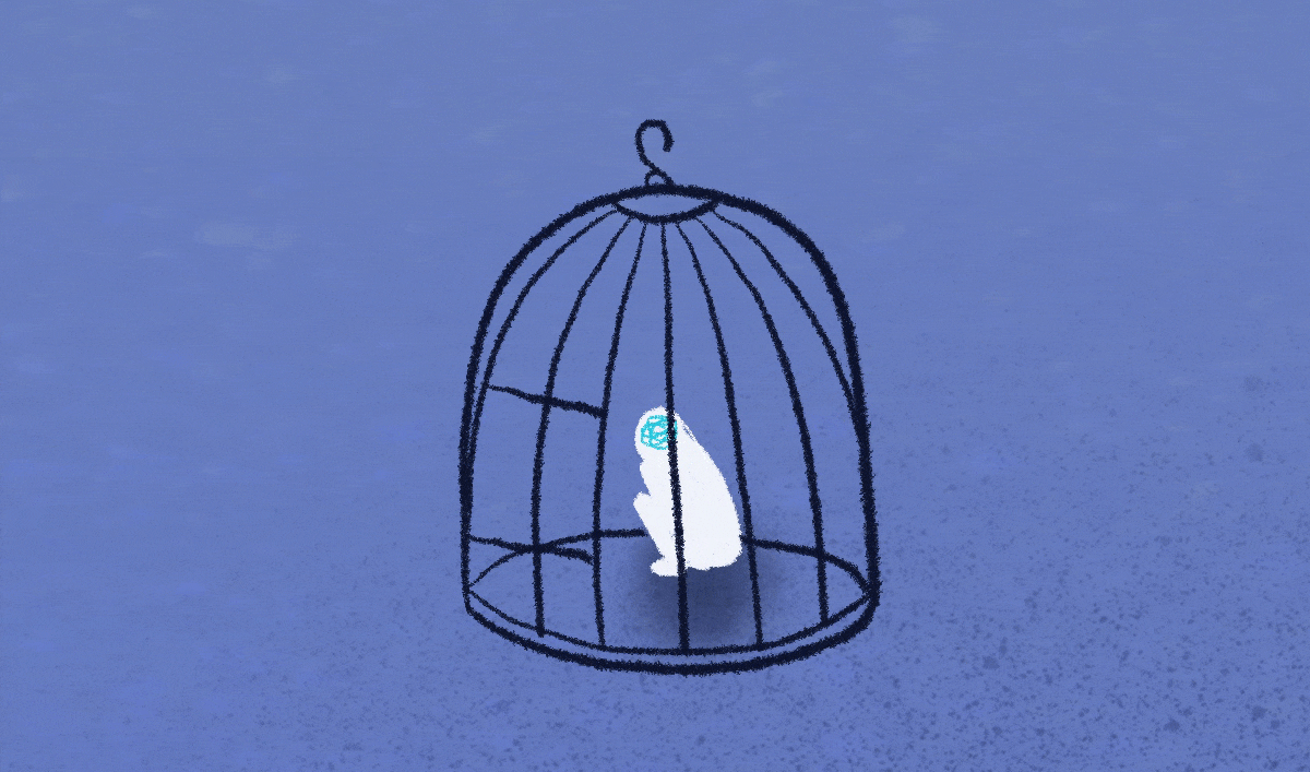 Ilustración de una mujer dentro de una jaula para pájaros.