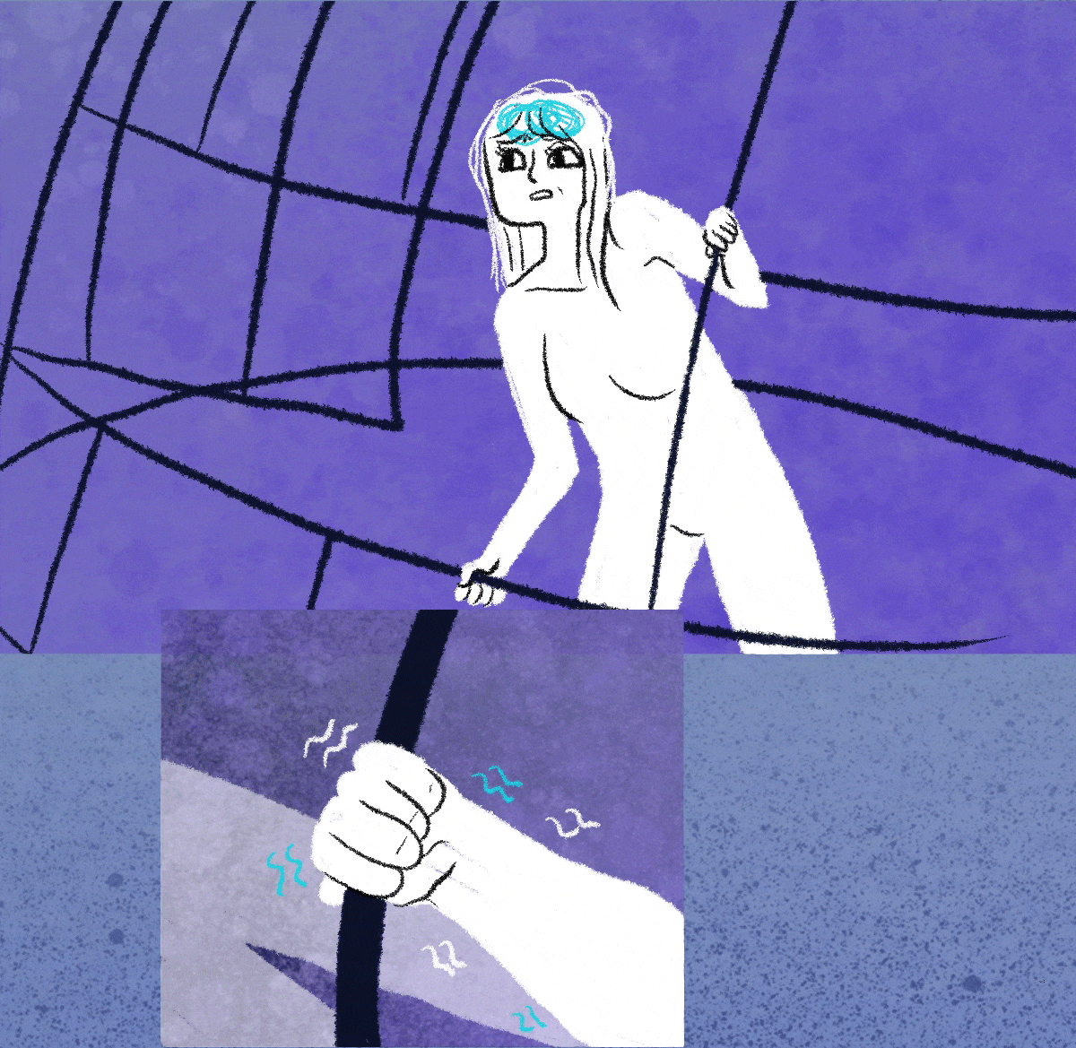 Ilustración de la mujer asomada a la puerta.