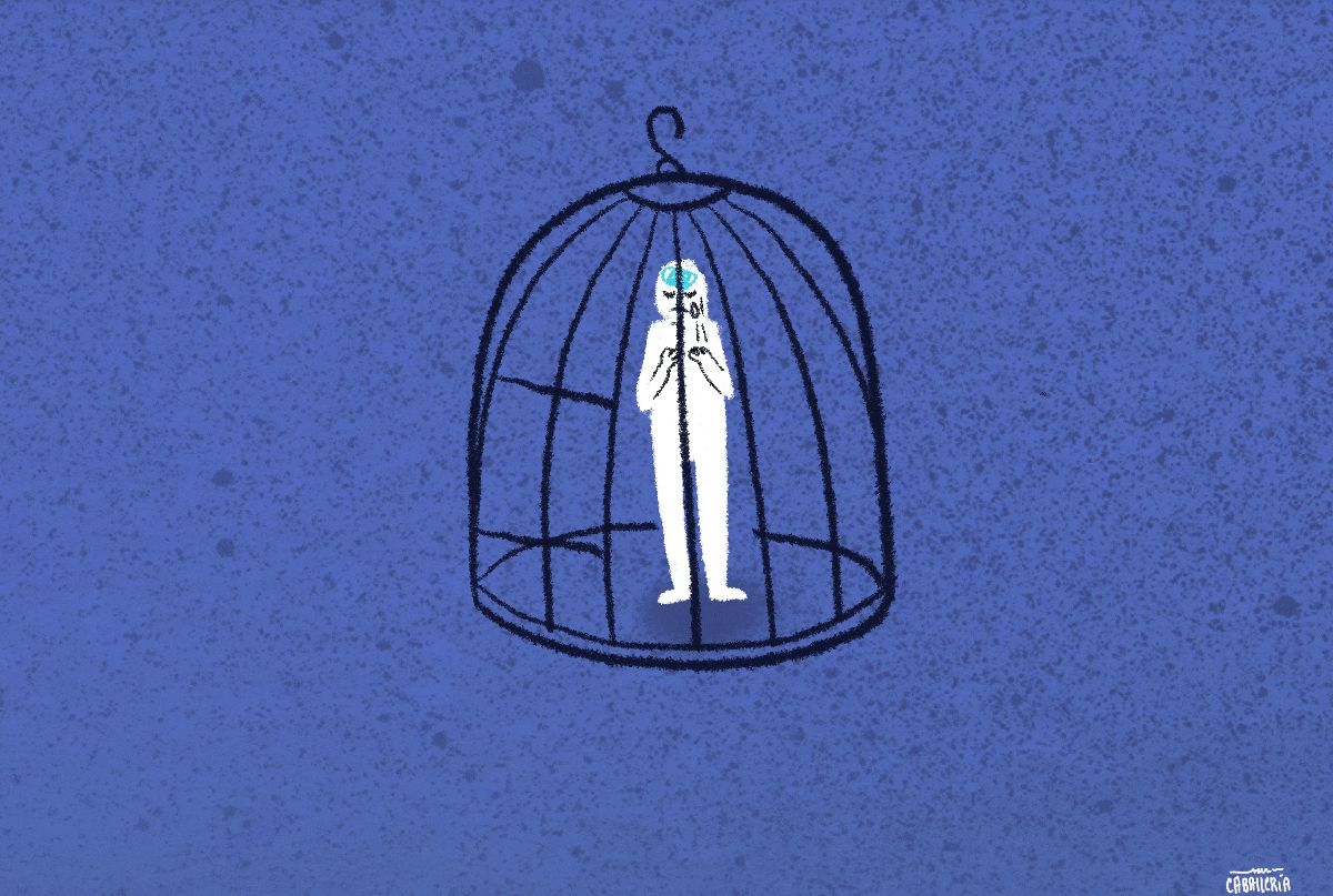 Ilustración de la mujer dentro de la jaula.