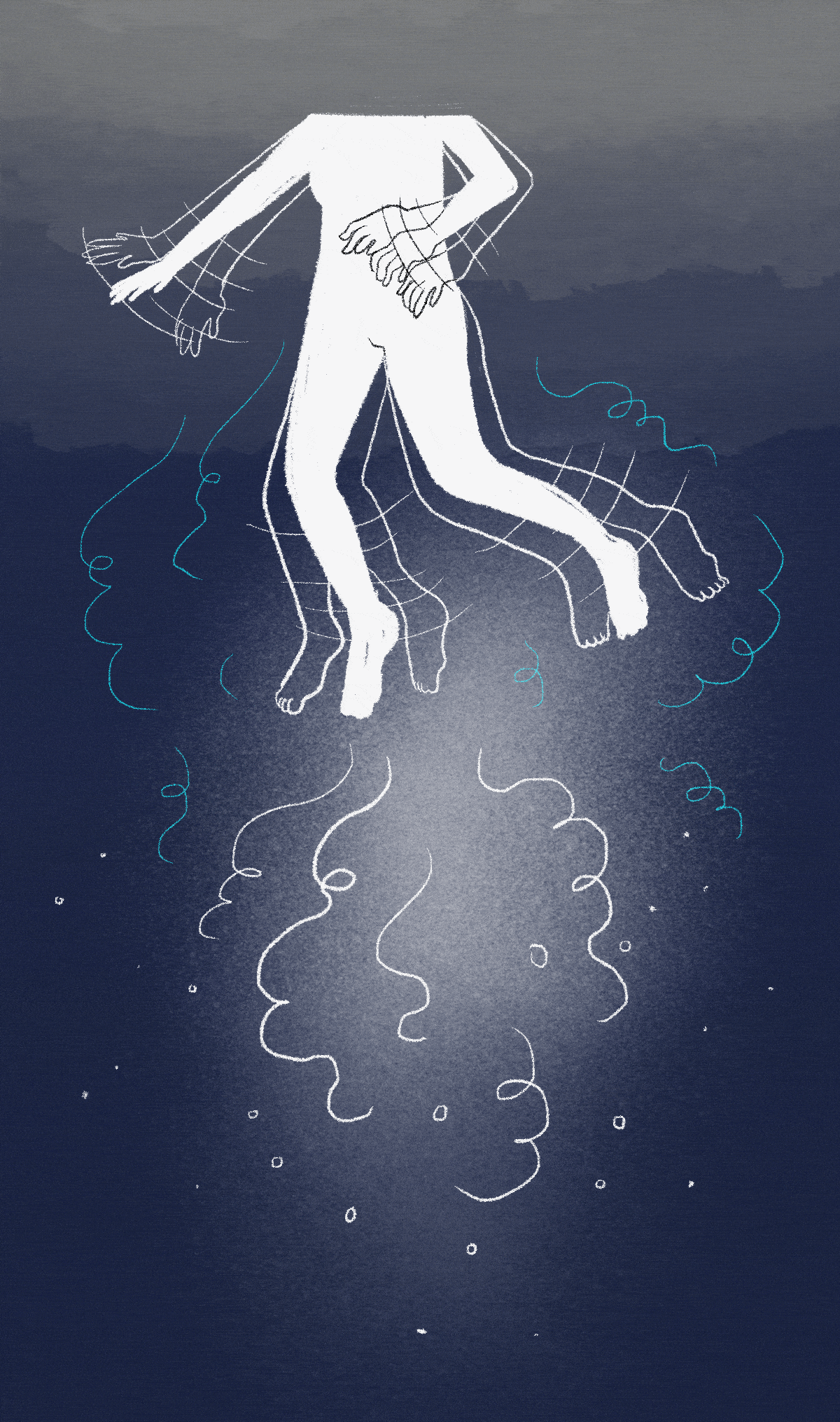 Ilustración del cuerpo de una persona nadando vista desde debajo del agua.