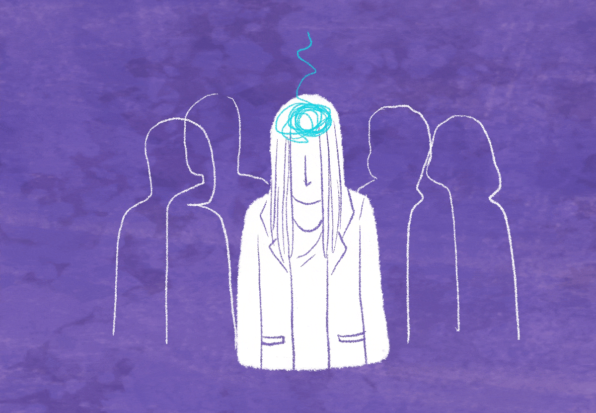 Ilustración de una mujer rodeada de gente.